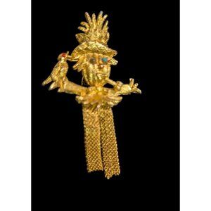 Vintage Articulated Scarecrow Brooch W/ Dangling Legs & Bird  corncob